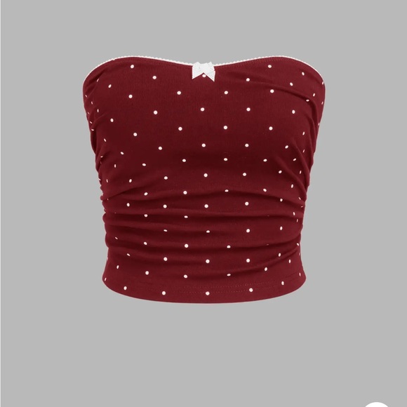 Cider COTTON-BLEND POLKA DOT BOWKNOT RUCHED BANDEAU TOP & LOW RISE MIDI SKIRT - Picture 3 of 9